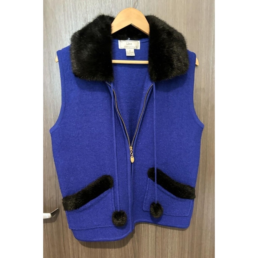 Lisa International Vest Women's Medium 100% boiled Wool Full Zip Faux Fur Collar